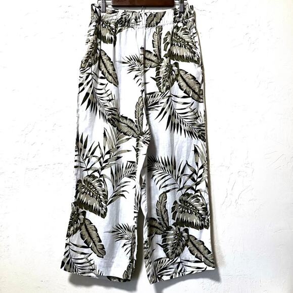Tahari 100% Linen Wide Leg Pants L White Khaki Tropical Palm Print Resort Beach - Picture 1 of 9